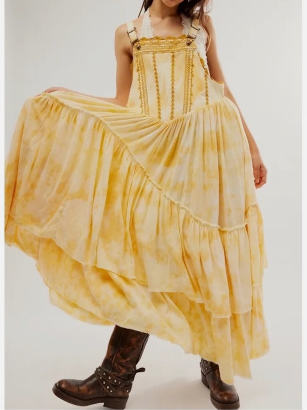 Free People Sz L Bali Devon Skirtall Tie Dye Maxi Dress Italian Straw Boho NWOT